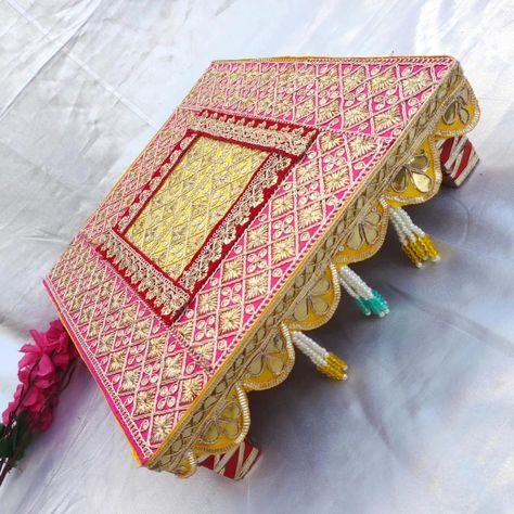 Decor heavy bajot Size 12*12 inch DM us for more details or WhatsApp us on 9867422790 Bajot Designs For Wedding, Bajot Decoration, Bajot Designs, Diwali Crafts, Shoes Tutorial, Baby Shoes Tutorial, Ring Platter, Thali Decoration, Thali Decoration Ideas