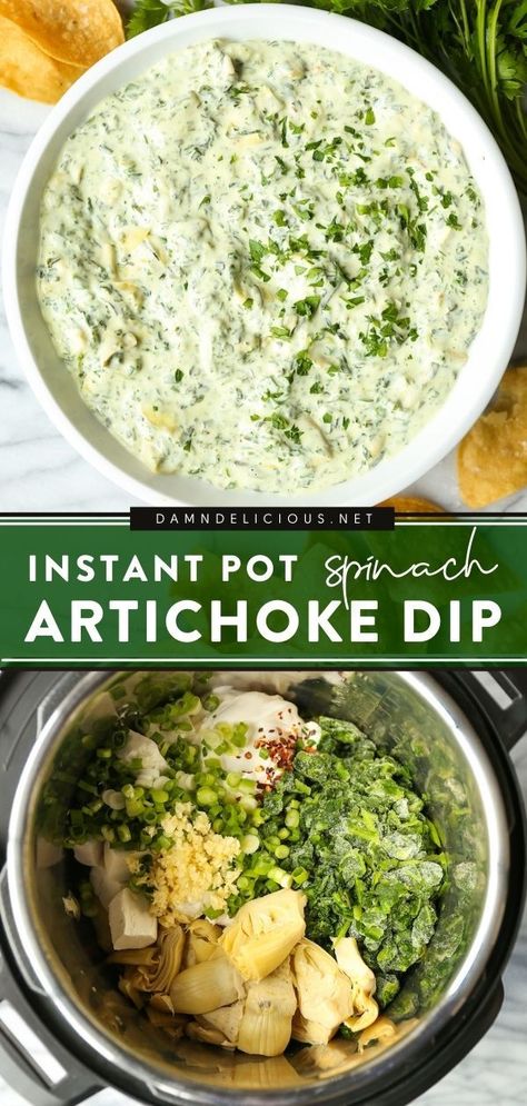 INSTANT POT SPINACH AND ARTICHOKE DIP, 4th of july party food, dip recipes Instapot Potluck Ideas, Instant Pot Spinach Artichoke Dip, Instant Pot Spinach, Spinach Artichoke Dip Recipe, Spinach And Artichoke Dip, Artichoke Dip Recipe, Queso Cheddar, Spinach Artichoke Dip, Spinach Dip