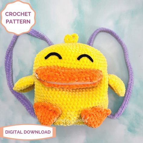 Crochet Duck Bag Pattern, Duck Purse, Fluffy Duck, Kk Slider, Duck Backpack, Backpack Crochet, Us Crochet Terms, Crochet Duck, Duck Bag