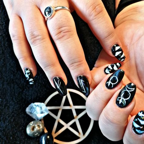 Witches Nails, Goddess Nails, Horned God, Witch Nails, Cartoon Nails, Triple Moon Goddess, Triple Moon, Moon Goddess, Mani Pedi