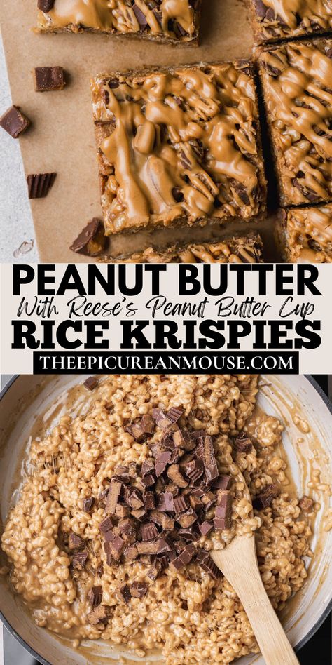 Chocolate peanut butter Rice Krispies are made with nutty brown butter and the perfect amount of melted marshmallows to give you the chewiest Rice Krispie treat. Loaded with my all-time favorite candy, Reese's peanut butter cups, and creamy peanut butter for the ultimate peanut butter treat! Peanut Butter Rice Crispy Treats, Peanut Butter Rice Crispies, Peanut Butter Rice Krispie Treats, Peanut Butter Rice Krispies, Chocolate Rice Krispies, Rice Cereal Treats, Cocoa Krispies, Peanut Butter Marshmallow, Krispie Treats Recipe