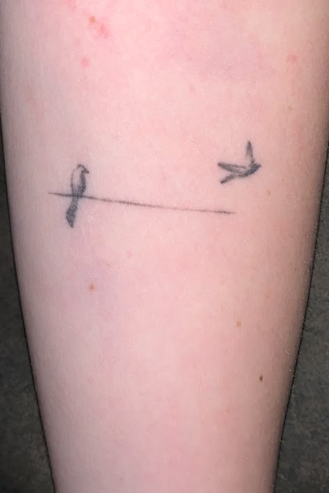 Parents Inspired Tattoos, Bird On Powerline Tattoo, Crow On A Wire Tattoo, Simple Tattoos For Parents, Bird On Wire Tattoos, Birds On Powerline Tattoo, Birds On A Line Tattoo, Line People Tattoo, Two Birds On A Wire Tattoo