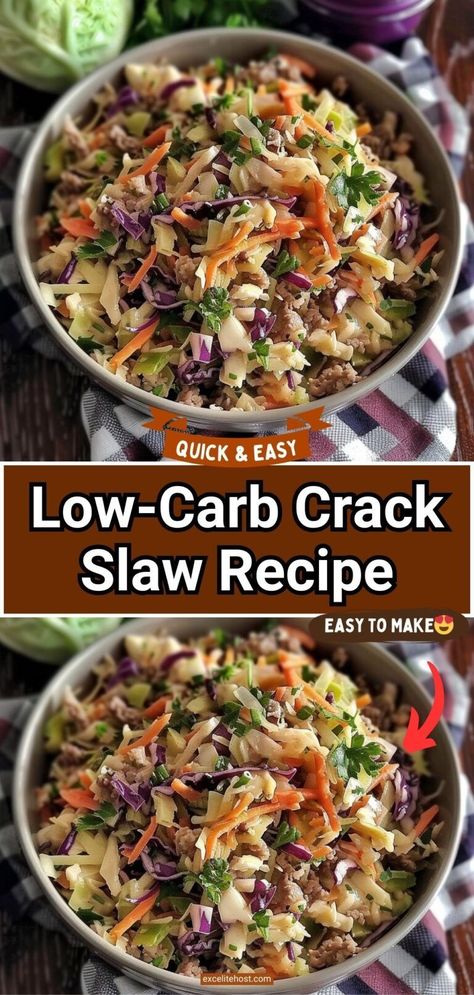 This Easy Low Carb Crack Slaw is so good, it’ll quickly become a staple in your diet. It’s easy to prepare, you can flavor it in many ways and the ingredients are affordable. Coleslaw Ground Beef, Coleslaw And Ground Beef, Ground Beef And Coleslaw Recipes, Bagged Coleslaw Uses, Bag Of Coleslaw Recipes, Cole Slaw Mix Recipes, Recipes With Coleslaw Mix Dinners, Bagged Coleslaw Recipes, Coleslaw Mix Uses