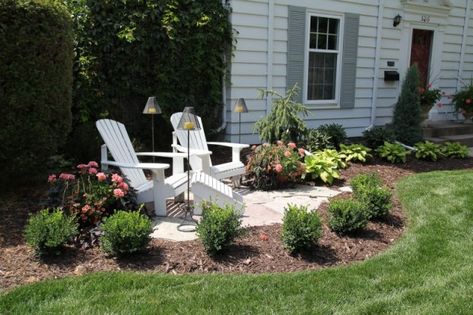 Front House Sitting Area, Flagstone Sitting Area, Front Yard Landscaping Ideas Nc, Front Yard Colonial Landscaping, Sitting Ideas In Garden, Flagstone Patio Front Yard, Outdoor Seating Area Front Yard, Front Lawn Sitting Area, Sitting Area Front Of House