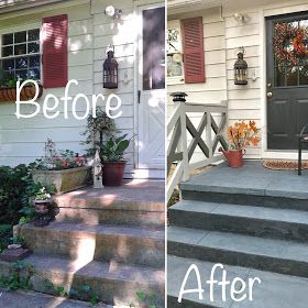 StyleWise: Budget Friendly Concrete Patio and Stairs Makeover Concrete Front Steps, Cement Steps, Porch Stairs, Front Door Steps, Front Porch Steps, Stairs Renovation, Front Stairs, Front Porch Makeover, Stair Makeover