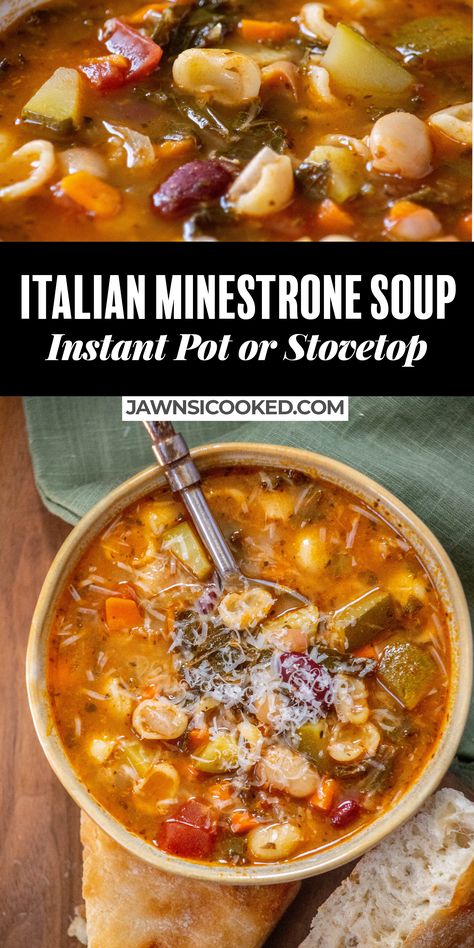 This quick and easy hearty Italian Minestrone Soup with Kale comes together in less than 30 minutes, and can be made in the Instant Pot, or on the stovetop! Loaded with cannellini and kidney beans, chopped fresh kale, zucchini, carrots and tomatoes- this richly flavored vegetarian Minestrone soup goes great with a sprinkle of parmesan cheese and a hunk of crusty bread. Mangia! Minestrone Soup With Kale, Minestrone Soup With Garbanzo Beans, Minestrone Soup Instant Pot, Vegetarian Minestrone, Italian Minestrone Soup, Vegetarian Minestrone Soup, Soup Night, Minestrone Soup Easy, Soup With Kale