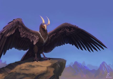 Horned Condor, Julien Fenoglio on ArtStation at https://www.artstation.com/artwork/BJ15A Vulture Fantasy Art, Horned God Art, Fantasy Vulture, Horned Creature Concept Art, Giant Bird Concept Art, Bonnie Fnaf, Fantasy Inspo, Flying Monsters, Anatomy Sculpture