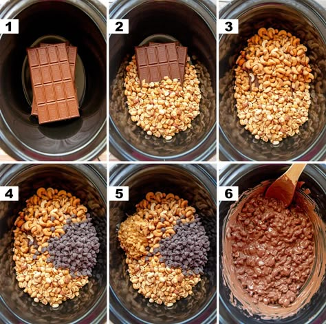 steps to make slow cooker chocolate nut clusters Slow Cooker Chocolate Nut Clusters, Healthy Chocolate Nut Clusters, Rv Snacks, Chocolate Nut Clusters, Crockpot Chocolate, Chocolate Nuts Clusters, Nut Clusters, Chocolate Nuts, Chocolate Wafers