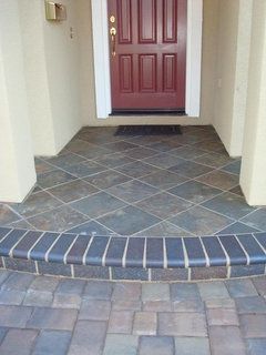 Do you have tile on porch or patio? Front Porch Tile, Tiled Deck, Tile Porch, Tiling Projects, Tile Entry, Porch Tiles, Tile Patio, Front Porch Stone, Concrete Front Porch