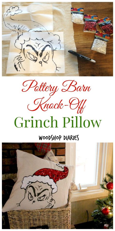 Check out this awesome Grinch Pillow--a Pottery Barn Knock Off! Diy Christmas Pillows, Grinch Pillow, O Grinch, Christmas Pillows Diy, Grinch Christmas Decorations, Christmas Pillows, Christmas Sewing, Grinch Christmas, The Grinch