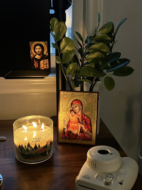 Christian Orthodox Aesthetic, Orthodox Christianity Aesthetic, Orthodox Home, Icon Corner, Coptic Orthodox Church, Fall Goals, Church Aesthetic, Catholic Decor, Prayer Corner