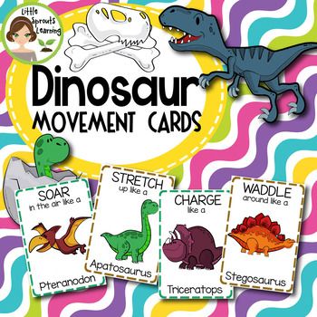 These Dinosaur themed movement cards will keep students active while teaching them about different actions, improving their motor skills! Simply print on card stock, cut out and laminate. They can be kept handy on a binder ring. Each card is large enough to use in a group setting.Cards feature:Stego... Movement Cards, Dinosaur Activities Preschool, August Themes, Transition Activities, Dinosaurs Preschool, Binder Ring, Dinosaur Games, Dinosaur Printables, Preschool Centers