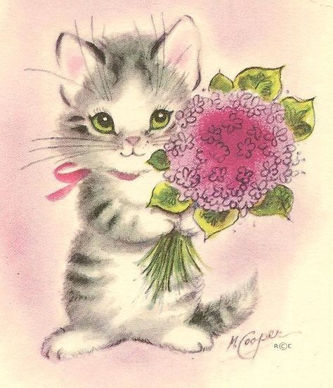 Kittens Vintage, Vintage Cats, Art Mignon, Cat Cards, Cats Illustration, Illustration Vintage, Vintage Greeting Cards, Vintage Valentines, Vintage Cat