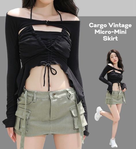 Halter Tops Outfit, Skirt Outfits Korean, Shoulder Shrug, Layered Crop Top, Outfit Korean, Outfit Check, Micro Mini Skirt, Miniskirt Outfits, Skirt Fits