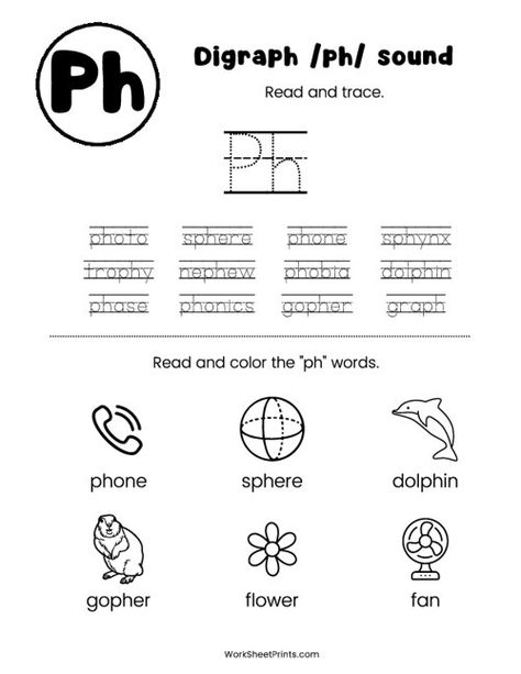 Digraph 'ph' Worksheet | Kindergarten Worksheets Ph Sound, Wh Digraph Worksheets, Digraph Worksheets, Digraphs Worksheets, Digraphs Activities, Consonant Digraphs, Worksheets Kindergarten, Worksheets Preschool, Phonics Reading