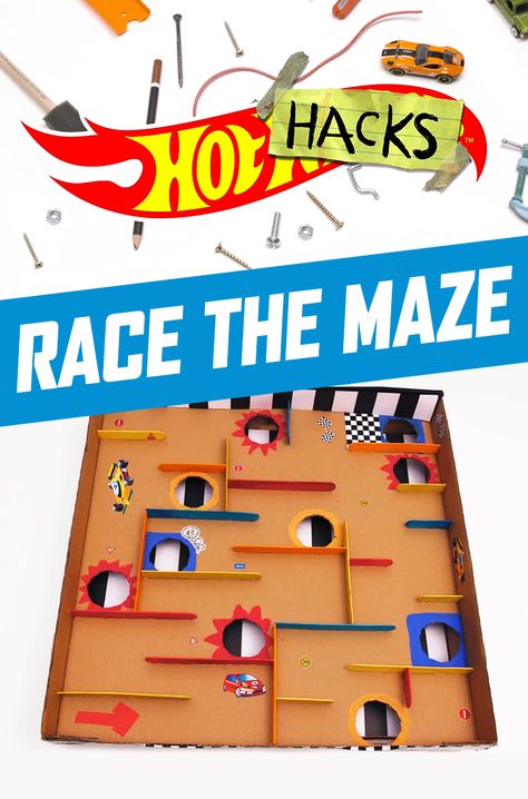 This epic Hot Wheels Labyrinth challenges kids to race to the finish and problem solve along the way. All your kids need to build their own maze is a pizza box, art supplies and popsicle sticks. Watch our DIY Hot Wheels Hot Hacks video to find out how kids can make this at-home activity. Hot Wheels Diy, Hot Wheel Games, Hot Wheels Room, Labyrinth Game, Hotwheels Birthday Party, Bday Party Kids, Dodge Chargers, Hot Wheels Party, Hot Wheels Birthday