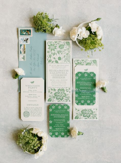 Vintage Wedding Invitations Romantic, Ireland Wedding Aesthetic, Green Floral Wedding Invitations, Green Invitation Card Design, Garden Party Wedding Invitations, Blue And Green Wedding, Vintage Seed Packet, Vintage Wedding Invitation Cards, Wedding Stationary Design