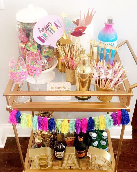 K R I S T E N (@ohmygoshitskristen) • Instagram photos and videos Birthday Bar Cart, Almost Birthday, Diy Bar Cart, Bar Refrigerator, Gold Bar Cart, Bubbly Bar, Birthday Bar, Bar Cart Styling, Gold Home Decor