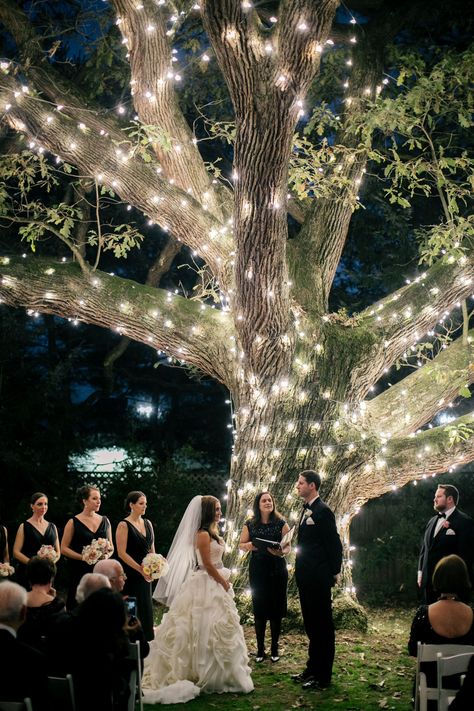 Exchanging Vows at Outdoor Nighttime Ceremony Night Wedding Ceremony, Outdoor Night Wedding, Romantic Backyard, Fairy Lights Wedding, Night Time Wedding, Backyard Wedding Ideas, Wedding Lighting, Sparkle Wedding, Wedding Ceremony Ideas