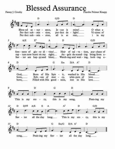 Free Sheet Music for Blessed Assurance. Enjoy! Gospel Song Lyrics, Hymn Sheet Music, Hymn Music, Hymns Lyrics, Blessed Assurance, Praise Music, Bible Songs, Christian Song Lyrics, Great Song Lyrics