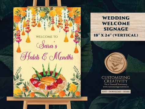 Haldi Welcome Signs & Mehndi Decor Signs Haldi Decoration - Etsy India Umbrella Template, Wedding Signage Template, Mendhi Decor, Welcome Template, Custom Umbrella, Wedding Sign Decor, Desi Wedding Decor, Mehndi Decor, Welcome Signs