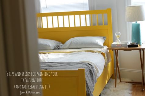 I painted our IKEA bed frame and lived to blog about it. — Lindsay Wilkins Art Ikea Bed Frame, Painted Bed Frames, Ikea Hemnes Bed, Yellow Headboard, Ikea Bed Frames, Ikea Showroom, Hemnes Bed, Yellow Bed, Cama Ikea