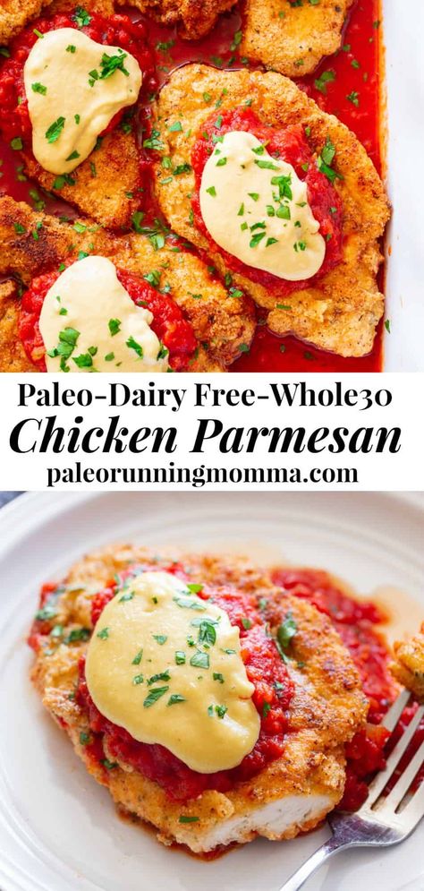 This dairy-free and Paleo Chicken Parmesan has all the flavors of the real deal!  Crisp “breaded” chicken cutlets are layered with marinara and a flavor-packed cashew “cheese” sauce that’s perfect for any special dinner.   Gluten-free, Whole30, no sugar added, dairy-free. #paleo #whole30 #cleaneating Dairy Free Recipes Dinner, Chicken Keto, Paleo Chicken Recipes, Dairy Free Dinner, Clean Eating Dinner, Parmesan Chicken, Gluten Free Dairy Free Recipes, Paleo Chicken, Paleo Dinner