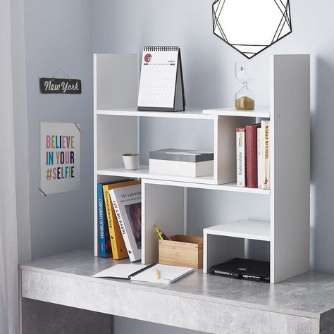 Latitude Run Aitan Yak about It Compact Adjustable Dorm Desk Standard Bookcase & Reviews | Wayfair K Pop Room Ideas, Room Ideas Minimalist, Dorm Desk, Desktop Bookshelf, College Dorm Desk, Desk Bookshelf, College Dorm Room Decor, Dorm Room Inspiration, College Dorm Room