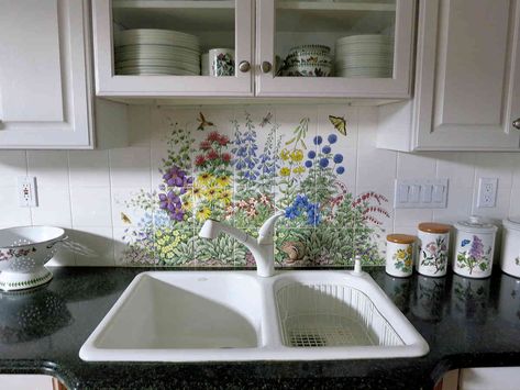 Joyces Floral Garden backsplash tile mural, view of the kitchen decor. Floral Tiles Kitchen, Flower Kitchen Backsplash, Floral Tile Backsplash Kitchen, Cottagecore Backsplash, Flower Tile Kitchen, Floral Kitchen Backsplash, Flower Backsplash, Floral Backsplash, Cottage Laundry