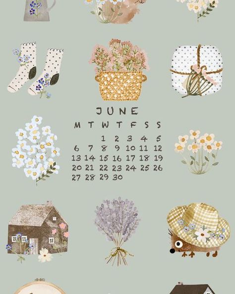 Cottagecore Drawing, June Wallpaper, Printable Calendar Pages, Little Cottages, Summer Illustration, Little Doodles, Morning Everyone, Good Morning Everyone, Floral Stickers