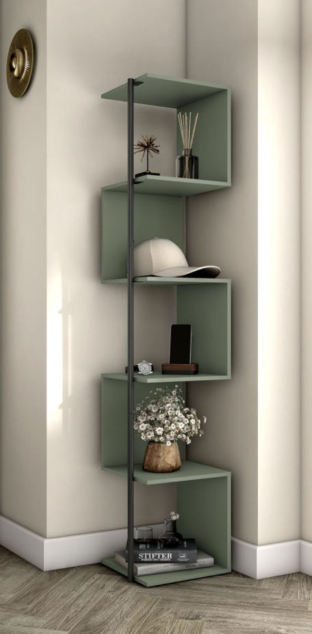 Sage Green Shelves, Corner Book Shelf, Green Bookshelves, Bedroom Decor Aesthetic, Green Shelves, Room Bookshelf, Homes Inside, Shelf Stand, Cute Room Ideas