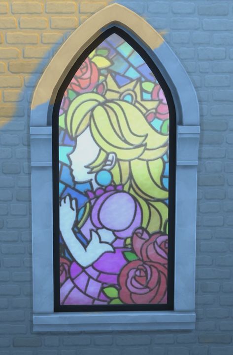 Princess Peach Castle, Peach Castle Mario, Peaches Castle, Sims 4 Stained Glass Cc, Princess Peach Stained Glass Window, Bowser Castle, Stained Glass Princess, Stained Glass Disney Princess, Stain Glass Castle