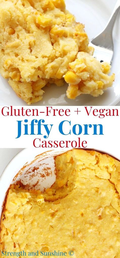 Vegan Corn Casserole (Gluten-Free, 5-Ingredient Jiffy Copycat) | Strength and Sunshine | This super easy Vegan Corn Casserole is just 5 ingredients and a homemade gluten-free copycat of the classic Jiffy recipe! Just stir the ingredients together and bake in the oven for a simple comforting side dish everyone in the family will love! This dairy-free old-fashioned Southern casserole is like a moist and eggless cornbread soufflé! Perfect for the holidays and feeding a crowd! Eggless Cornbread, Vegan Corn Casserole, Gluten Free Corn Casserole, Jiffy Recipes, Sweet Corn Casserole, Dairy Free Thanksgiving, Vegan Cornbread, Gluten Free Cornbread, Gluten Free Sides