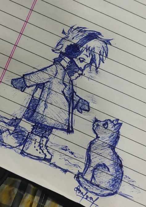 cute boy with a cat sketch using ball point pen Pen Art Drawings Creative, Ball Pen Sketch, Ball Point Pen Drawing, Ball Point Pen Art, Small Easy Drawings, Ball Pen Art, Ball Pen Drawing, Cute Sketch, Ballpoint Pen Drawing