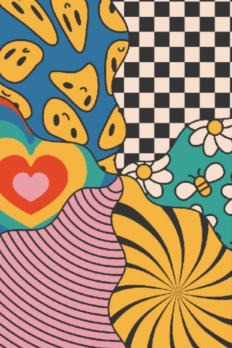 Funky Art Patterns, Funky Retro Wallpaper, Groovy Design Graphic, Retro Prints And Patterns, Hippy Patterns, 60s Graphic Design, 60s Artwork, Hippie Patterns, Funky Background