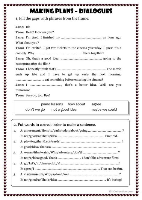 Making plans - dialogues exercises - English ESL Worksheets for distance learning and physical classrooms Conversational English Worksheets, Spoken English Practice Worksheets, Spoken English Worksheets, English Dialogues For Beginners, Dialogue Writing Worksheets, English Lessons For Beginners, Dialogues In English, Dialogue Worksheet, English Conversation Worksheets