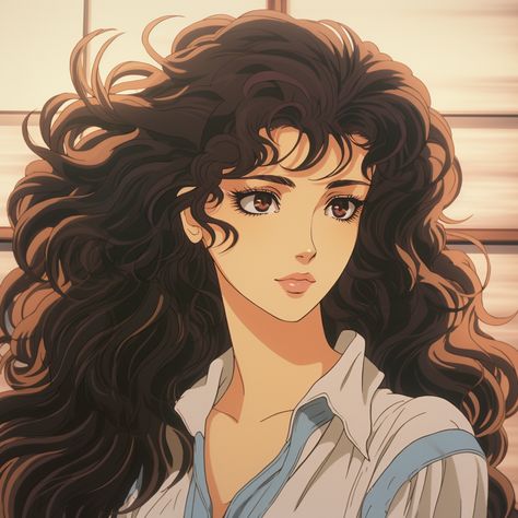 beautiful woman with long curly hair 1980s anime style #beautiful #woman #1980s #anime #avatar 1980s Anime, Anime Curly Hair, Curly Hair Cartoon, Anime Brown Hair, Dark Curly Hair, Anime Avatar, Blonde Wavy Hair, Instagram Cartoon, Brown Curly Hair