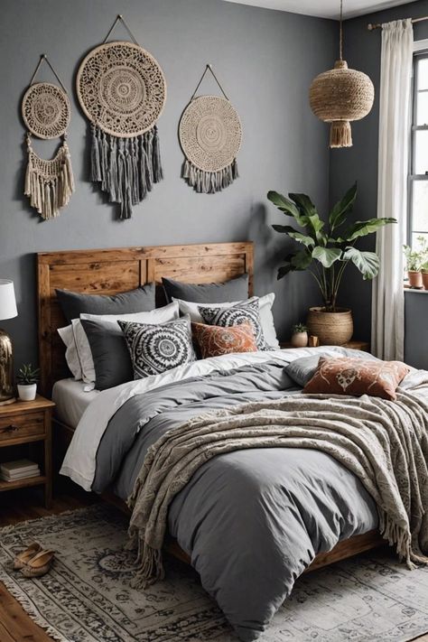 Grey Boho Bedroom Ideas! Get inspired by these 20 stunning room designs, blending modern bohemian style with soothing grey hues. Discover unique decor, furniture u0026 lighting ideas to create your own relaxing retreat. Click to explore and start designing your dream bedroom today! Gray Bohemian Bedroom, Boho Bedroom With Grey Walls, Hobo Room, Terrace Bedroom Ideas, Grey Boho Bedroom Ideas, Gray Walls Bedroom Decor, Grey Boho Bedroom, Boho Bedroom Lighting, Boho Style Bedroom Decor