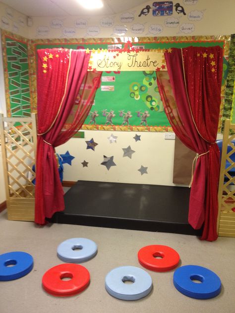 story theatre Dramatic Play Theater, Theatre Role Play Eyfs, Elementary Theatre Classroom, Theatre Kindergarten, Theater Dramatic Play, Diy Theater Room, Classroom Stage, Theatre Room Ideas, Theatre Decorations