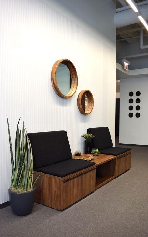 Salon Bench Seating, Hallway Waiting Area, Waiting Bench Design, Small Office Entrance Lobby, Small Office Waiting Area Seating, Waiting Room Bench Seating, Waiting Area Bench Seating, Lobby Sitting Area Design, Commercial Reception Area