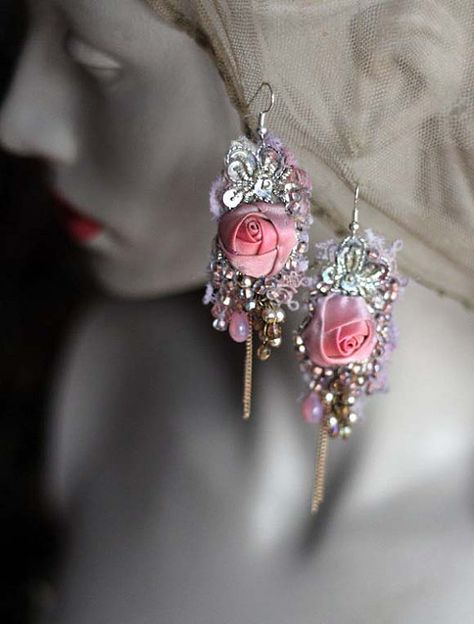 RESERVED --- Frozen roses--shabby chic romantic bohemian earrings, hand beaded Frozen Roses, Shabby Chic Earrings, Wire Jewelry Diy, Jewelry Fabric, Boho Earring, Whimsical Jewelry, Ankle Jewelry, Fabric Earrings, Fancy Earrings