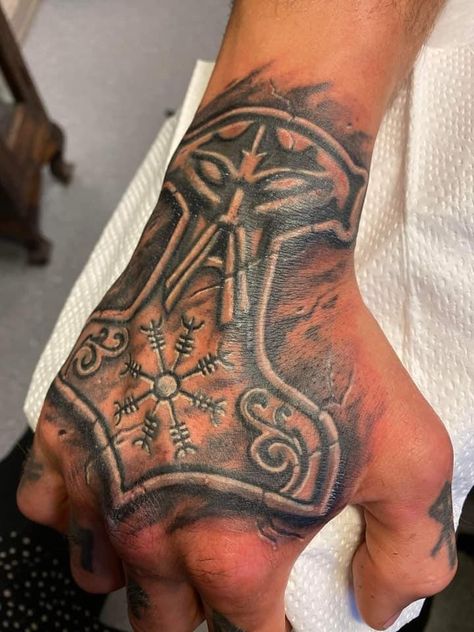 Nordic Hammer Tattoo, Men Celtic Tattoo, Thor Hand Tattoo, Viking Tattoos Hand, Mjolnir Tattoo Hand, Thors Hammer Hand Tattoo, Norse Hand Tattoos For Guys, Nordic Hand Tattoos For Guys, Nordic Back Tattoo Men