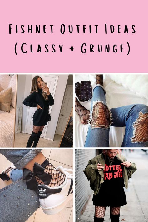 Cute Fishnet Outfits Classy, Hoodie And Fishnets Outfit, Style Fishnet Tights, Leather Shorts And Fishnet Outfit, Classy Fishnets Outfit, Fall Fishnet Outfits, Fishnet Tights Outfit Dresses, Fishnet Concert Outfit, Fishnets Under Jeans Outfit