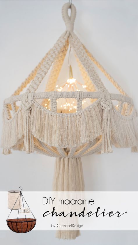 stylish DIY macrame chandelier made from planter basket | Cuckoo4Design Boho Couch Decor, Macrame Lampshade Diy, Macrame Chandelier Diy Tutorial, Diy Boho Chandelier, Crochet Chandelier, Diy Lustre, Chandelier Macrame, Macrame Square Knot, How To Make A Chandelier