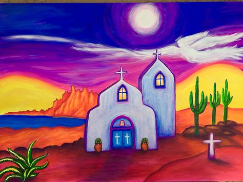 New Mexico Painting Ideas, New Mexico Drawing, Mexico Painting Ideas, New Mexico Art, Southwestern Paintings, Southwest Art Paintings, Mexican Art Painting, Mexican Folk Art Painting, Mexican Artwork