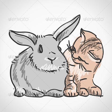 Cat and Rabbit Rabbit Illustration Drawing, Rabbits Pictures, Cute Rabbit Illustration, Kitten Drawings, Rabbit Outline, Cat And Rabbit, Rabbit Pictures, Rabbit Colors, Outline Tattoo