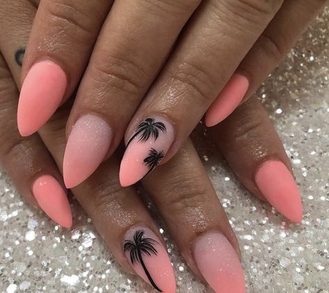 Palm Tree Almond Nails, Hawaiian Almond Nails, Tropical Nail Designs Almond, Summer Nails With Palm Trees, Cruise Nails Almond Shape, Gold Palm Tree Nails, Classy Vacation Nails Almond, Nails With Palms, Pink Palm Tree Nails