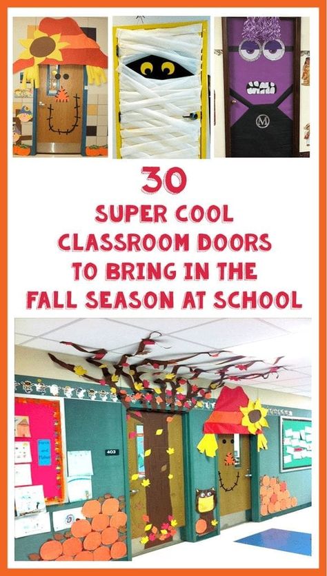 30 Super Cool Classroom Doors to Bring in the Fall Season at School Fall School Doors, Thanksgiving Classroom Door, Halloween Door Decorations Classroom, Fall Classroom Door, Classroom Door Decorating, Classroom Door Decorations, Preschool Door, Halloween Classroom Door, Thanksgiving Classroom