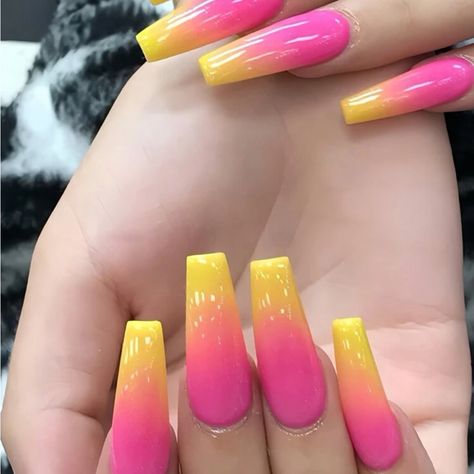 Super Cute And Stylish Ships In 5-10 Business Days Pink And Yellow Ombré Nails, Vacation Ombre Nails, Orange Acrylic Nails Coffin, Coffin Cute Nails, Yellow Pink Nails, Yellow And Pink Nails, Pink And Yellow Nails, Colorful French Tips, Luv Nails