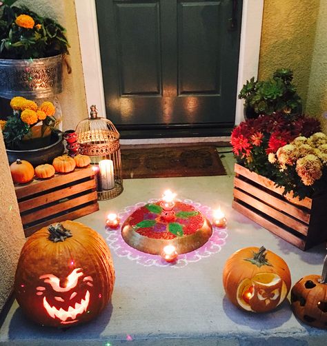 #Diwali#Halloween#porch decor Halloween And Diwali Decorations, Halloween Diwali Decorations, Diwali And Halloween Decor, Diwali Porch Decor, Diwali Celebration Ideas, Diwali Halloween, Simple Halloween Decor, Diwali 2024, Halloween Porch Decor